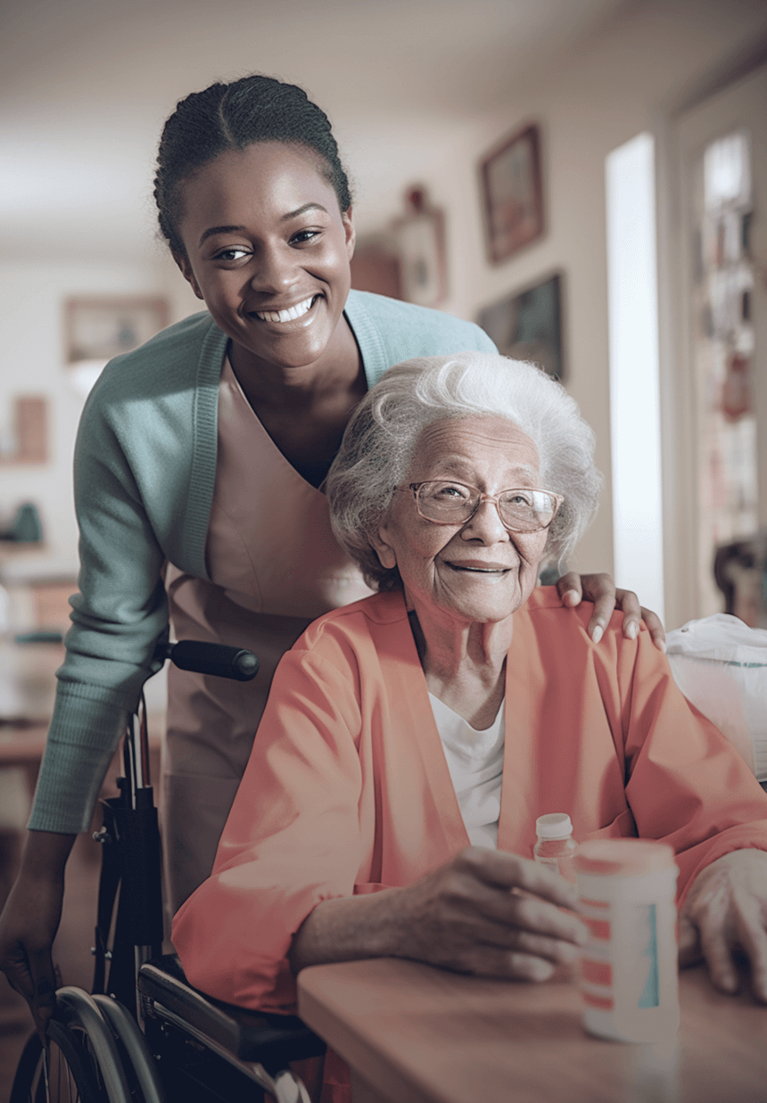 Smiling elderly woman in a wheelchair with a caregiver standing behind her, both looking happy in a warmly lit home setting.